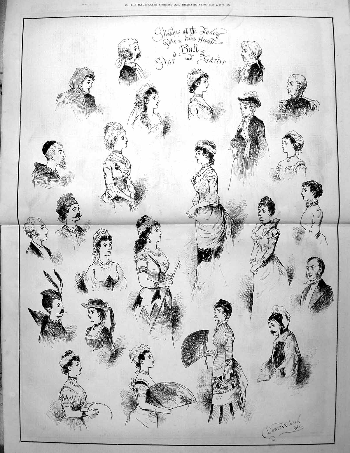 Old Antique Print Sketches Fancy Polo Dress Hunt Ball Star Garter 1878 19th