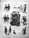 Antique Print Academy Week Sketches Ladies Dresses Gentlemen Top Hats 1878
