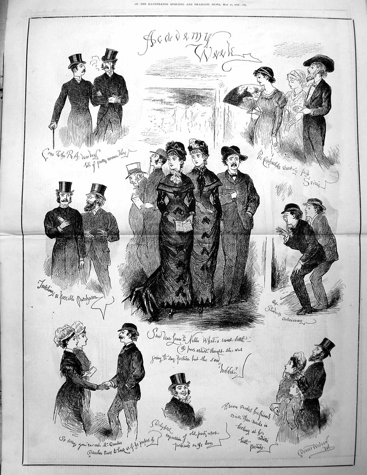 Antique Print Academy Week Sketches Ladies Dresses Gentlemen Top Hats 1878