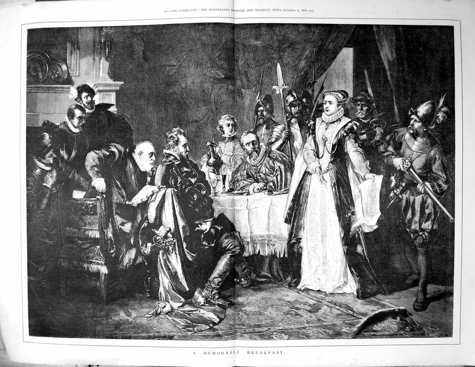 Old Antique Print Memorable Breakfast Lady Paperwork Men Listening 1878 19th