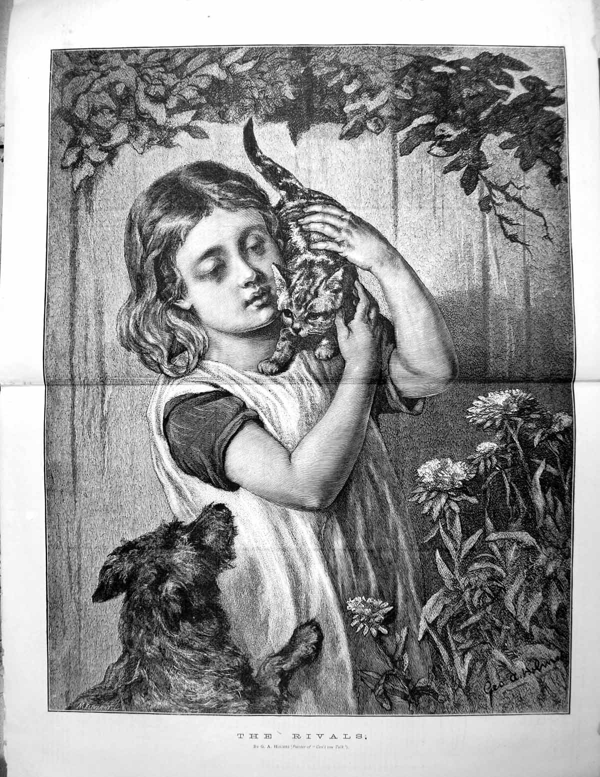 Old The Rivals Ga Holmes Little Girl Hing Kitten Dog Jumping Up 1878Victorian