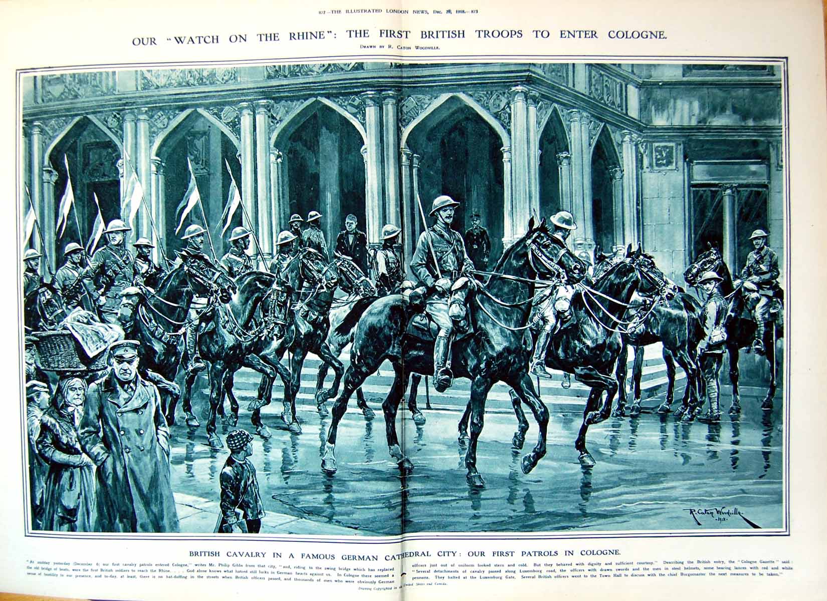 Antique Old Print First British Troops To Enter Cologne Cavalry Horses 1918