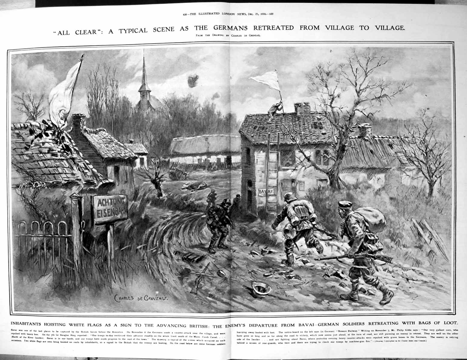 Old Print German Siers Retreating Bavai With Bags Loot White Flags 1918 20th