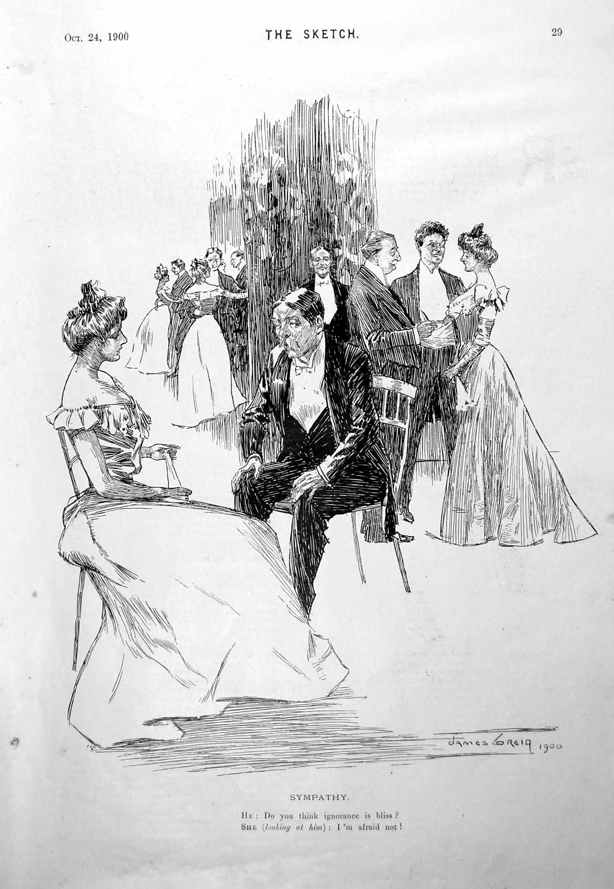 Antique Print Couple Seated Chatting Ball Gowns Dancing Humorous Quip 1900 20th