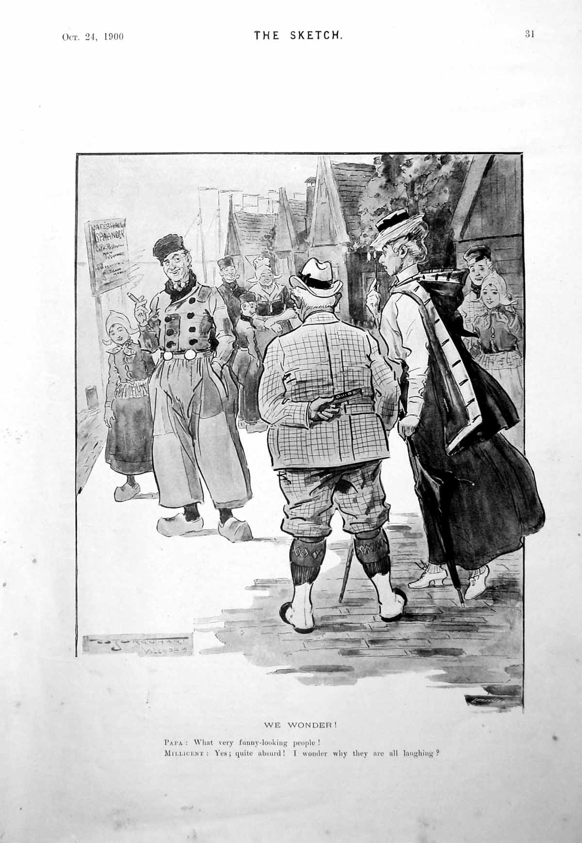 Old Print Meeting Different Cultures Laughing Outfits Dutch English 1900 20th