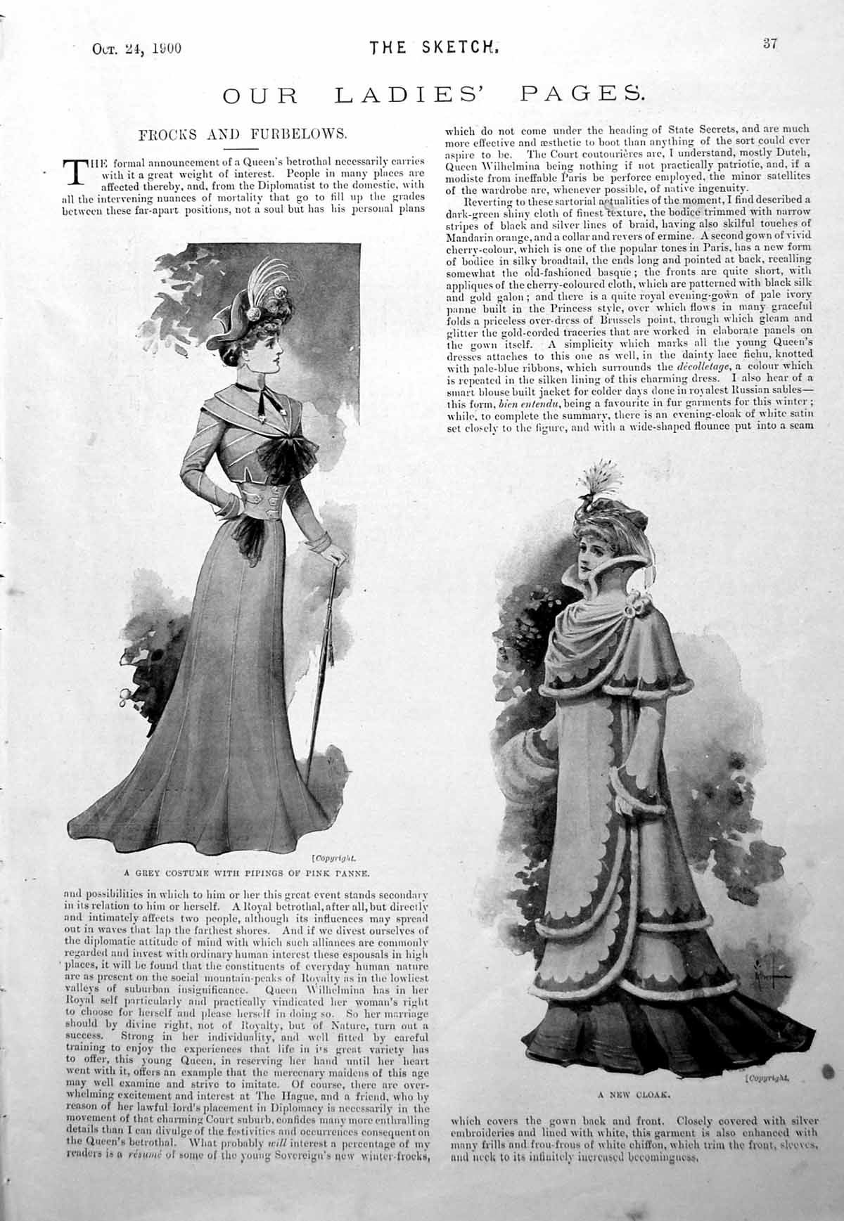 Antique Old Print Ladies Page Grey Costume New Cloak Dinner Gown Belt 1900 0
