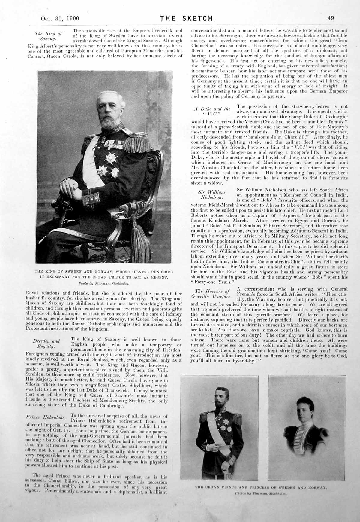 Old Print King Sweden Norway Crown Prince Princess Henry Elizabeth 1900 0 20th