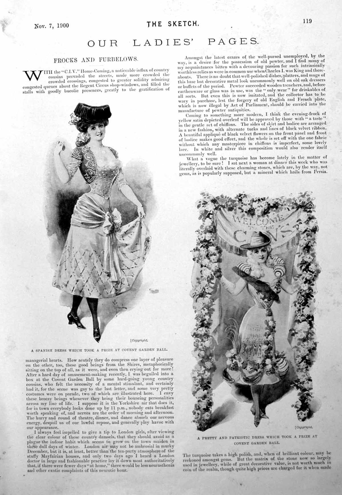 Old Print Damaged Ladies Page Spanish Dress Patriotic Evening Gown 1900 20th