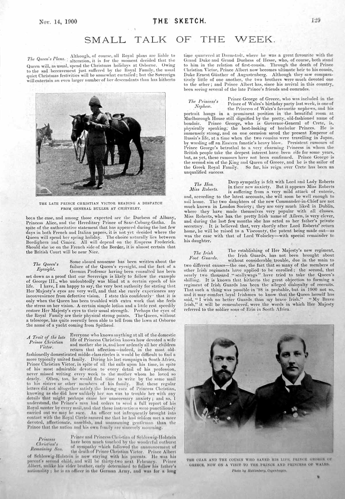 Antique Old Print Prince Christian Victor Czar Cousin Miss Grace Carr 1900
