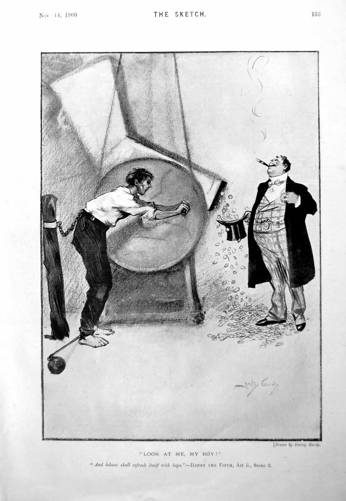 Antique Print Dudley Hardy Boy Labouring Man Getting Richer Ball Chain 1900