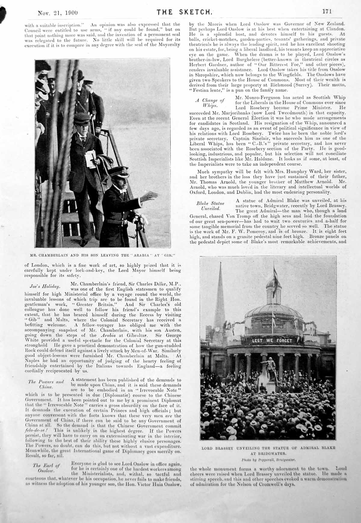 Antique Print Mr Chamberlain Statue Admiral Blake T Sanderson German 1900 20th