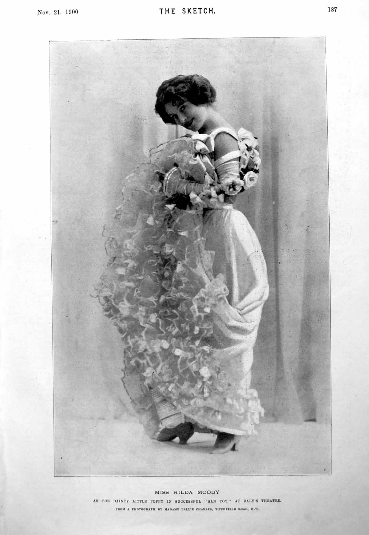 Antique Old Print Miss Hilda Moody Poppy In San Toy Lady Seated Drapes 1900