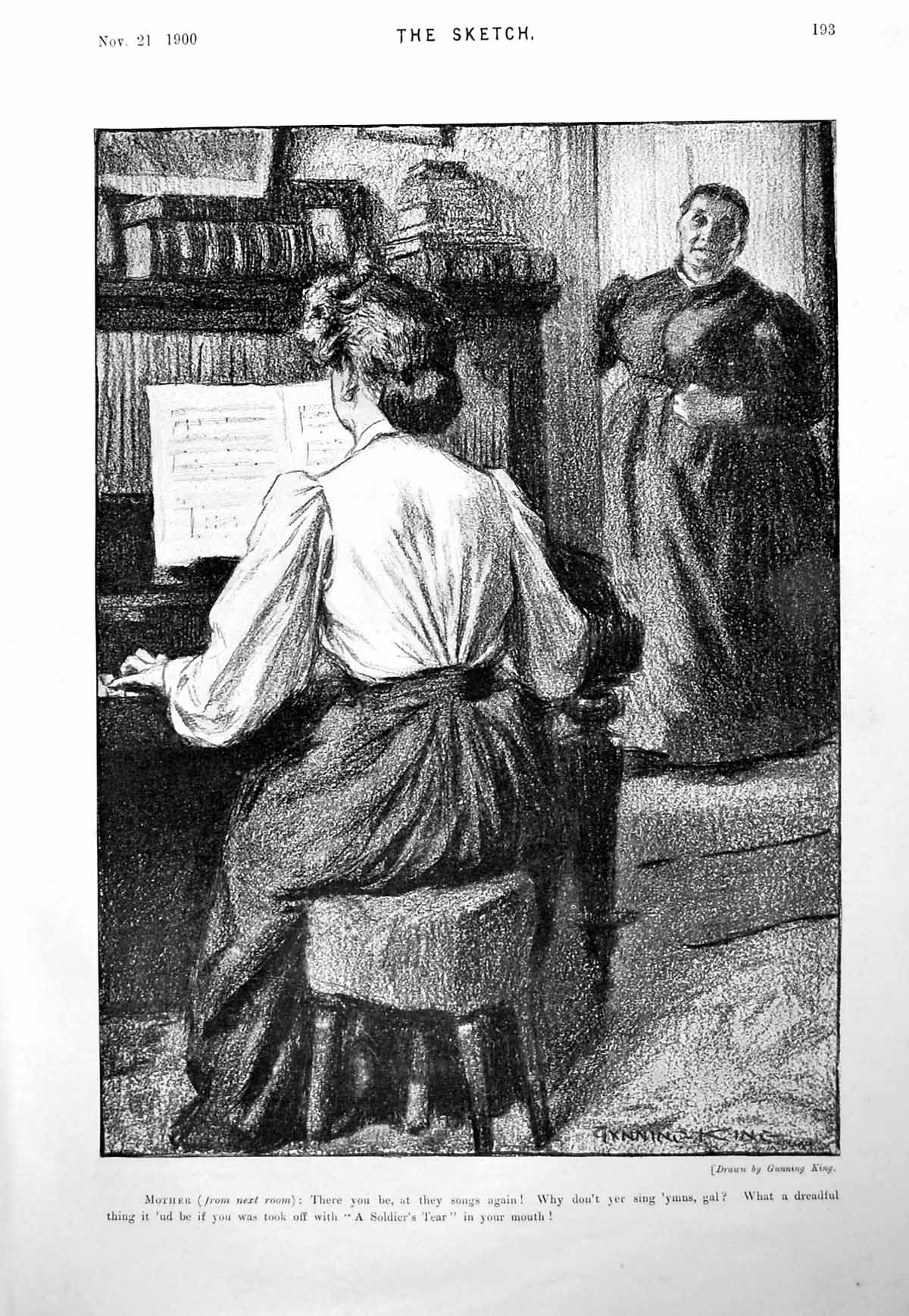 Antique Old Print Lass Playing Piano Mother Telling Her To Play Hymns 1900 20th