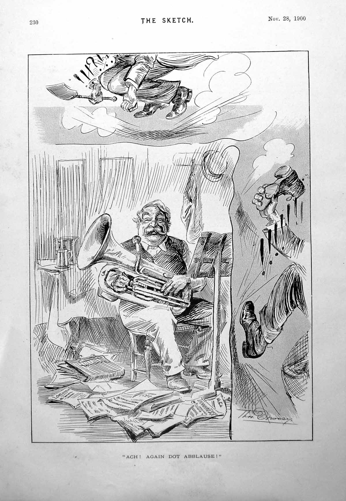 Old Print Ach Again Dot Abblause Cartoon Musician Tien-Tsin Germans 1900 20th