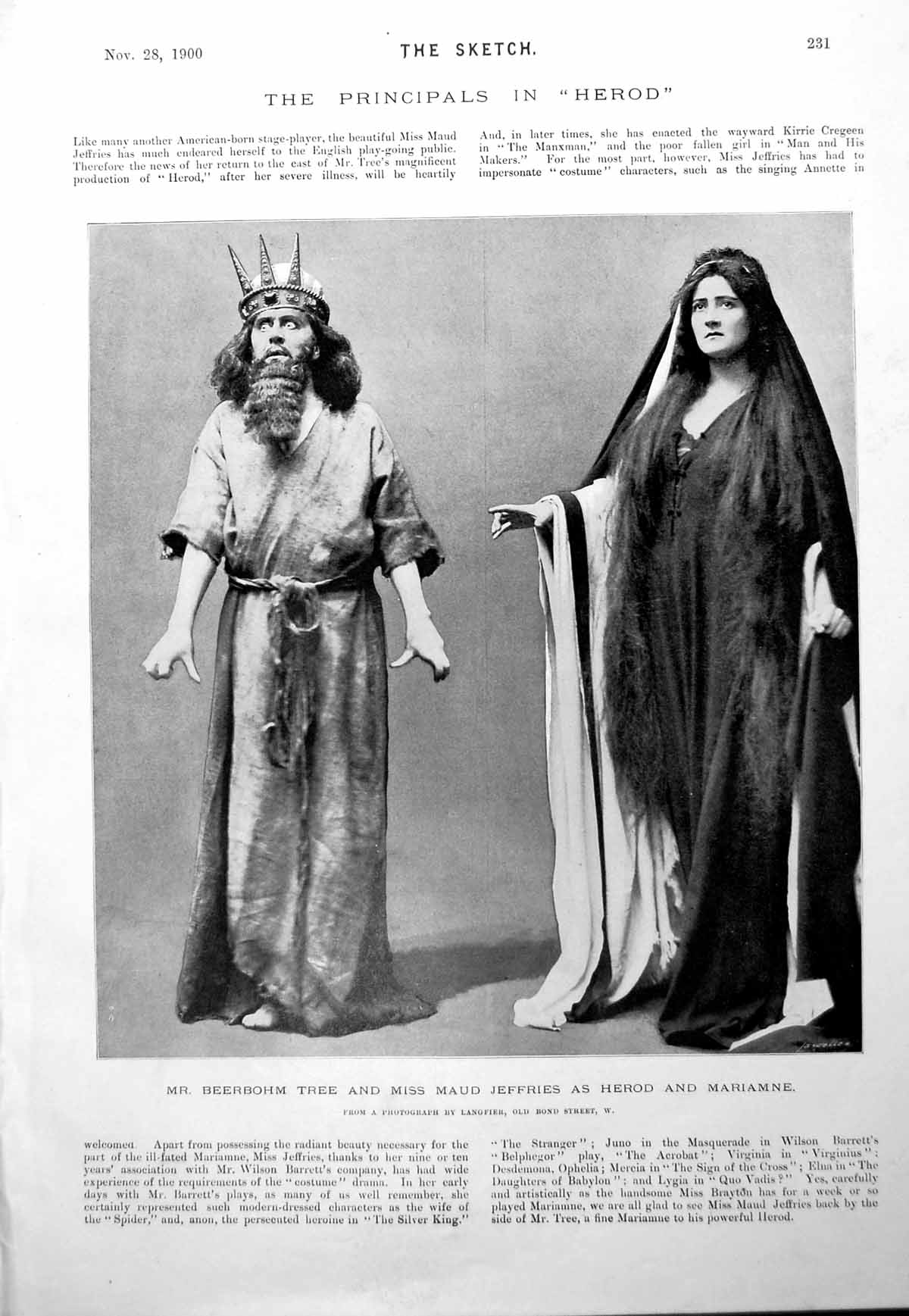 Antique Old Print Mr Beerbohm Miss Maud Jeffries As Herod And Mariamne 1900