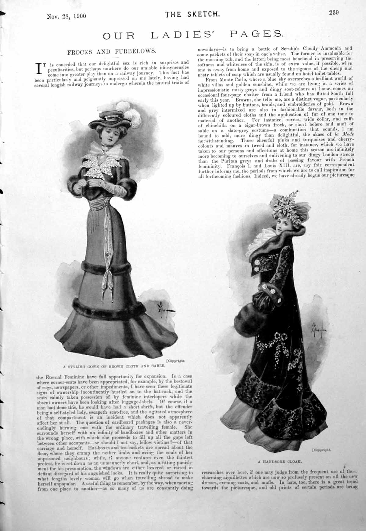 Antique Old Print Ladies Page Stylish Gown Cloth Sable Handsome Cloak 1900 20th