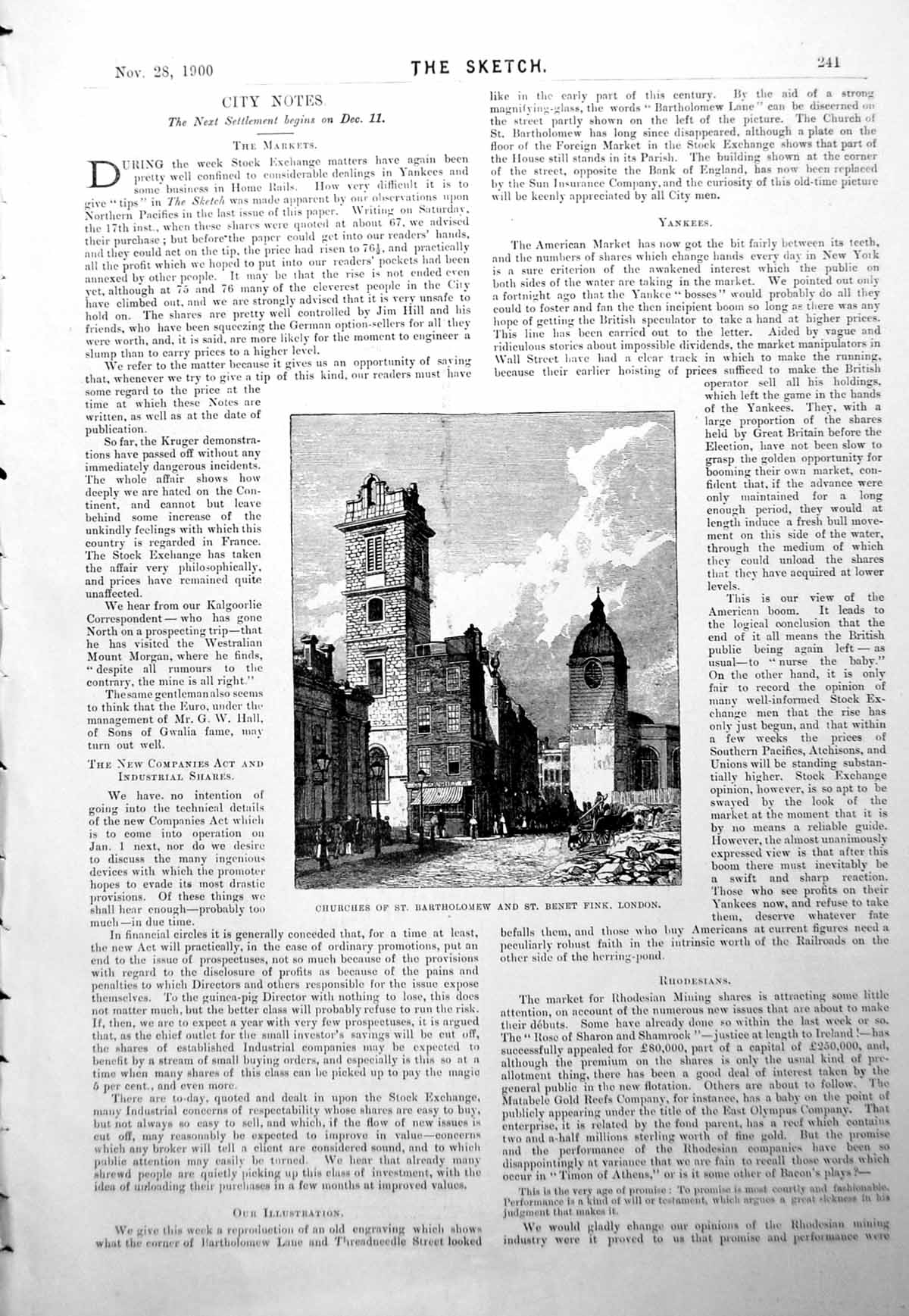 Old Antique Print Churches St. Bartholemew And St.Benet Fink London 1900 20th