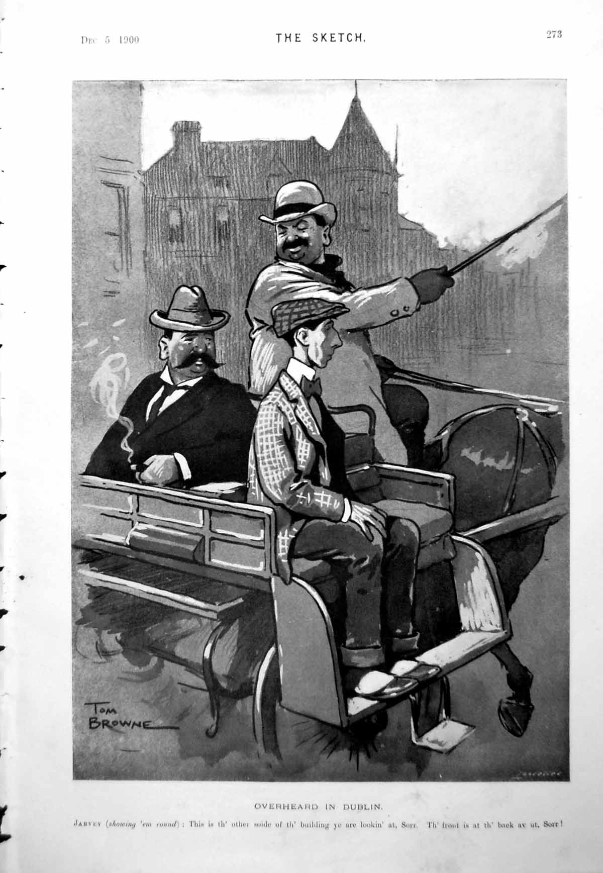 Antique Old Print Tom Browne Ireland Man Being Shown Round Horse Cart 1900 20th