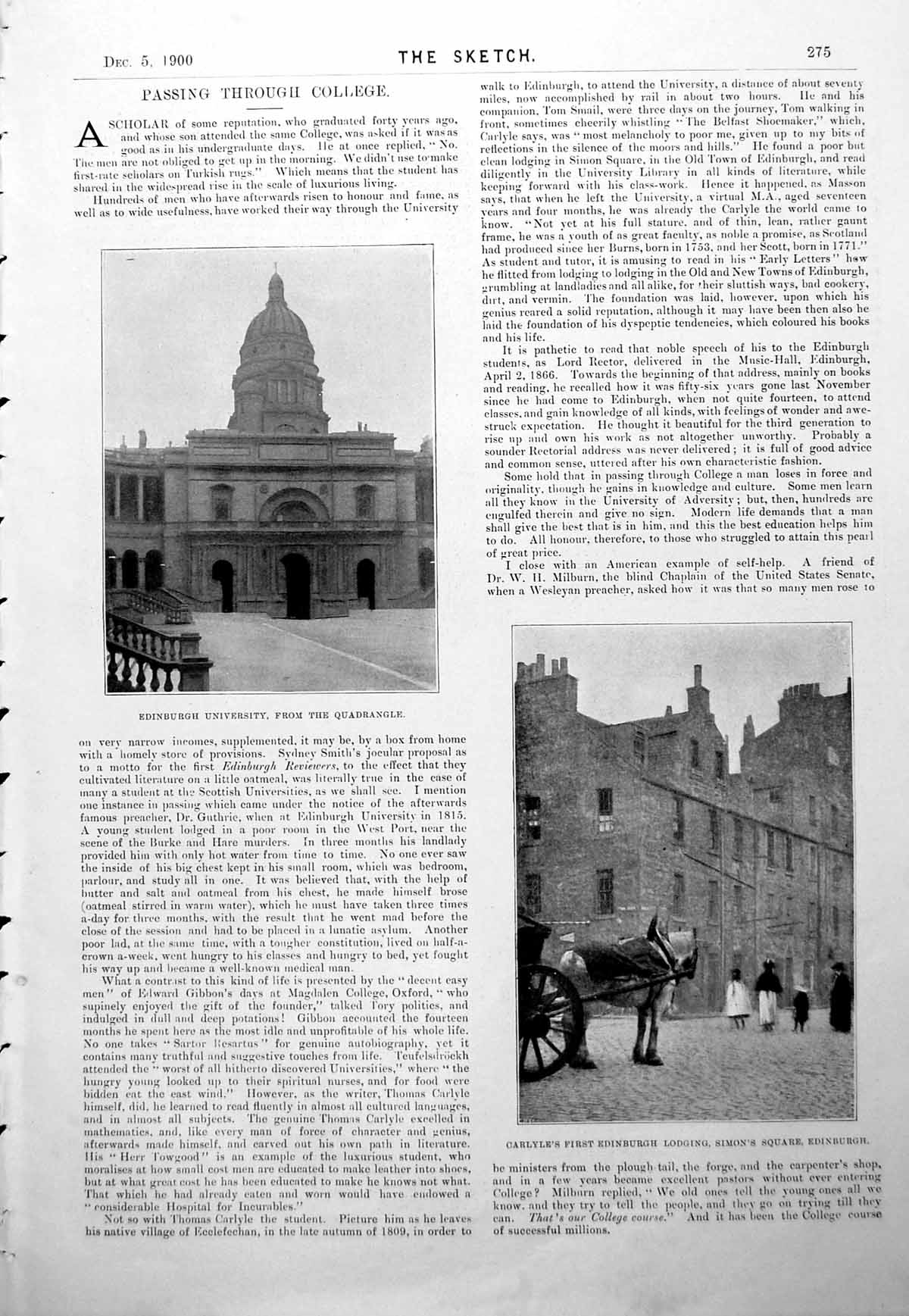 Antique Old Print Edinburgh University From Quadrangle Carlyle'S Lodging 1900