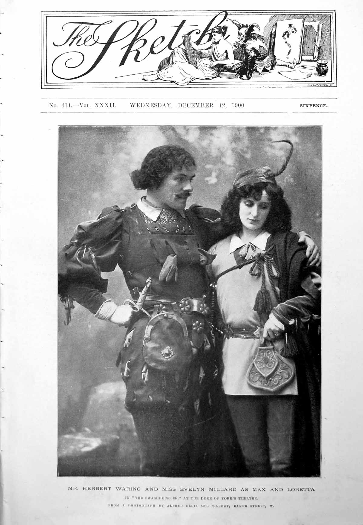 Old Antique Print Mr Herbert Waring Miss Evelyn Millard Max Loretta 1900 20th
