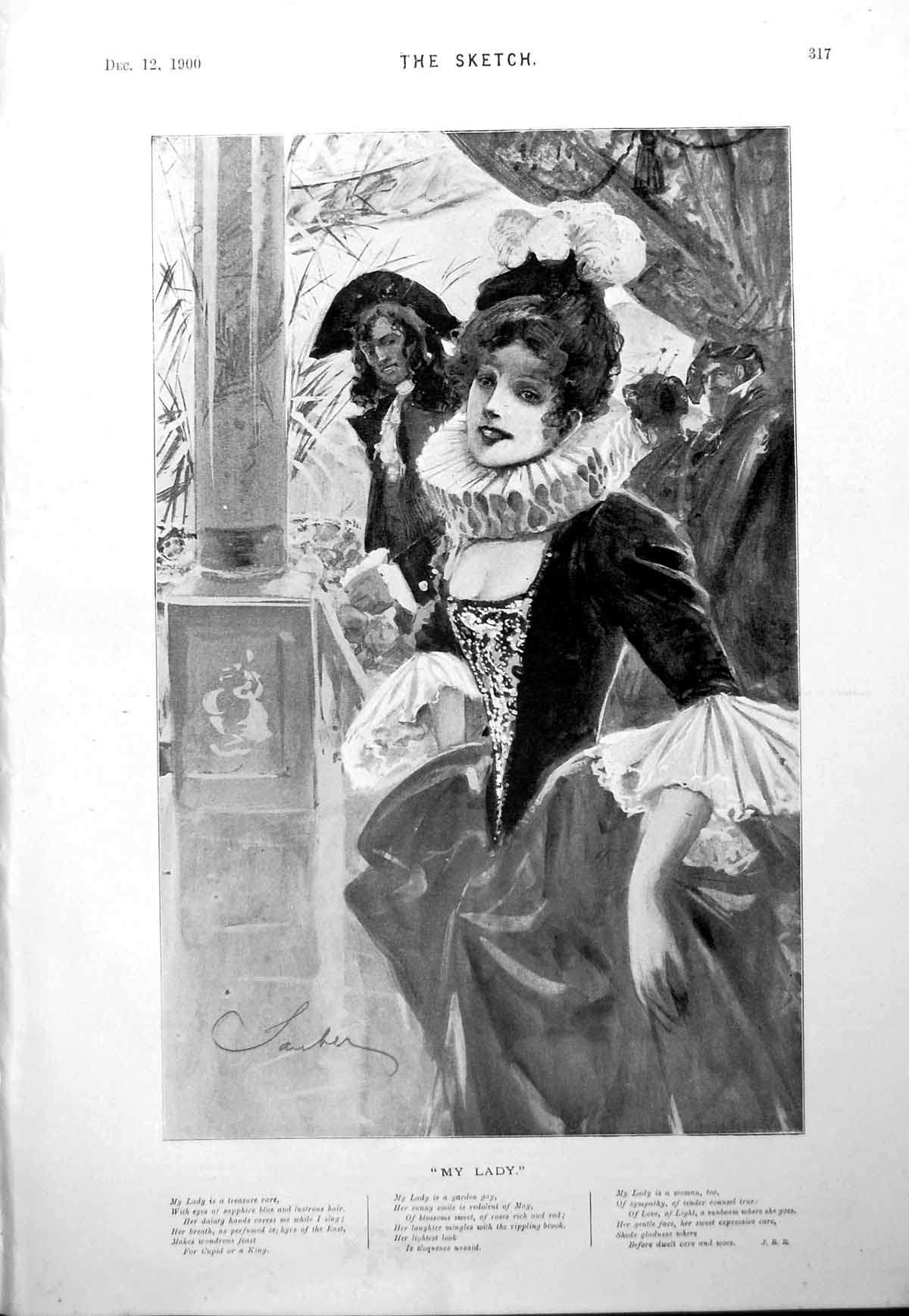 Old Print My Lady Poem Illustration Ruff Collar Tight Dress Onlooker 1900 20th