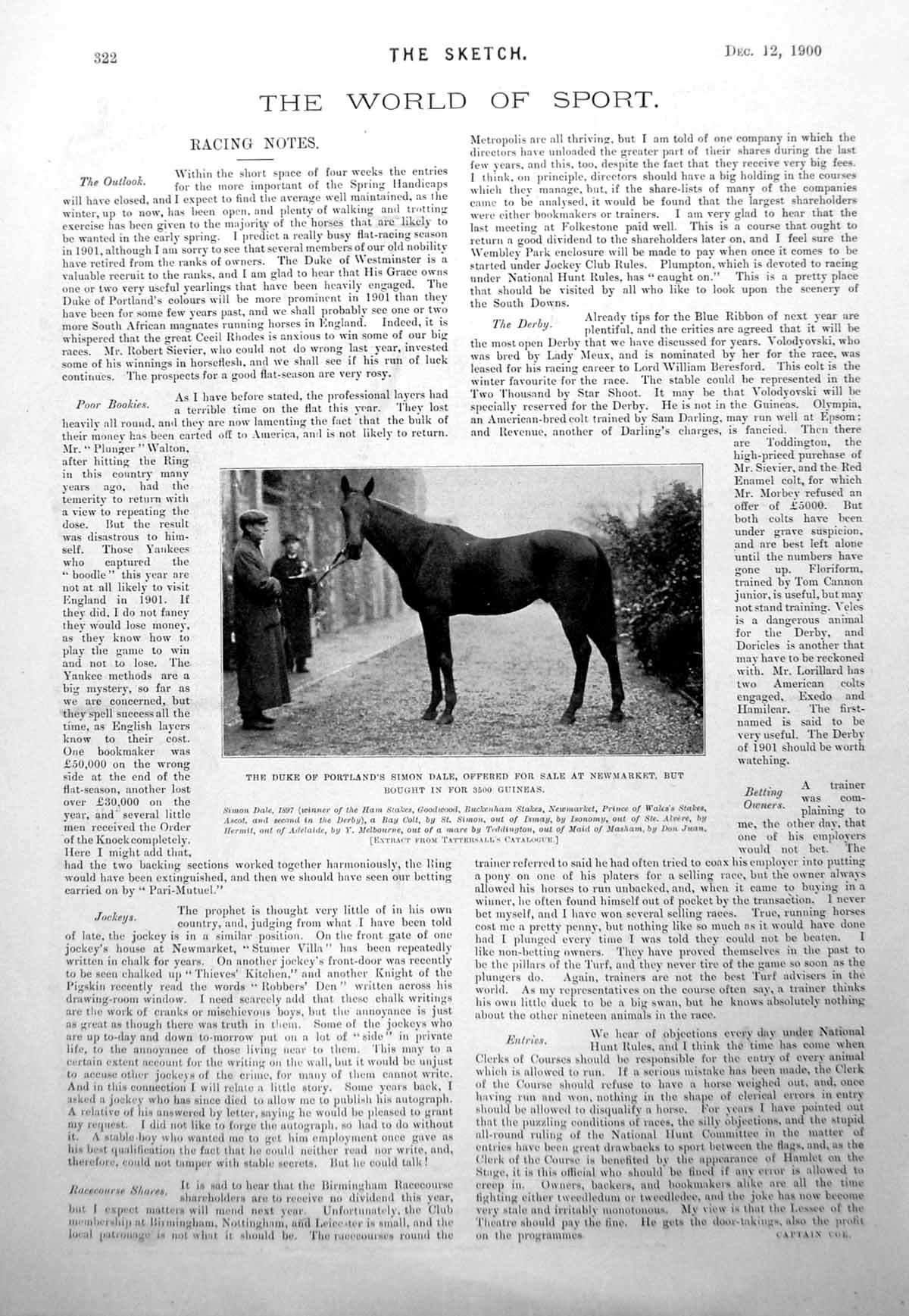 Antique Old Print Duke Portland'S Simon Dale Offered For Sale Newmarket 1900