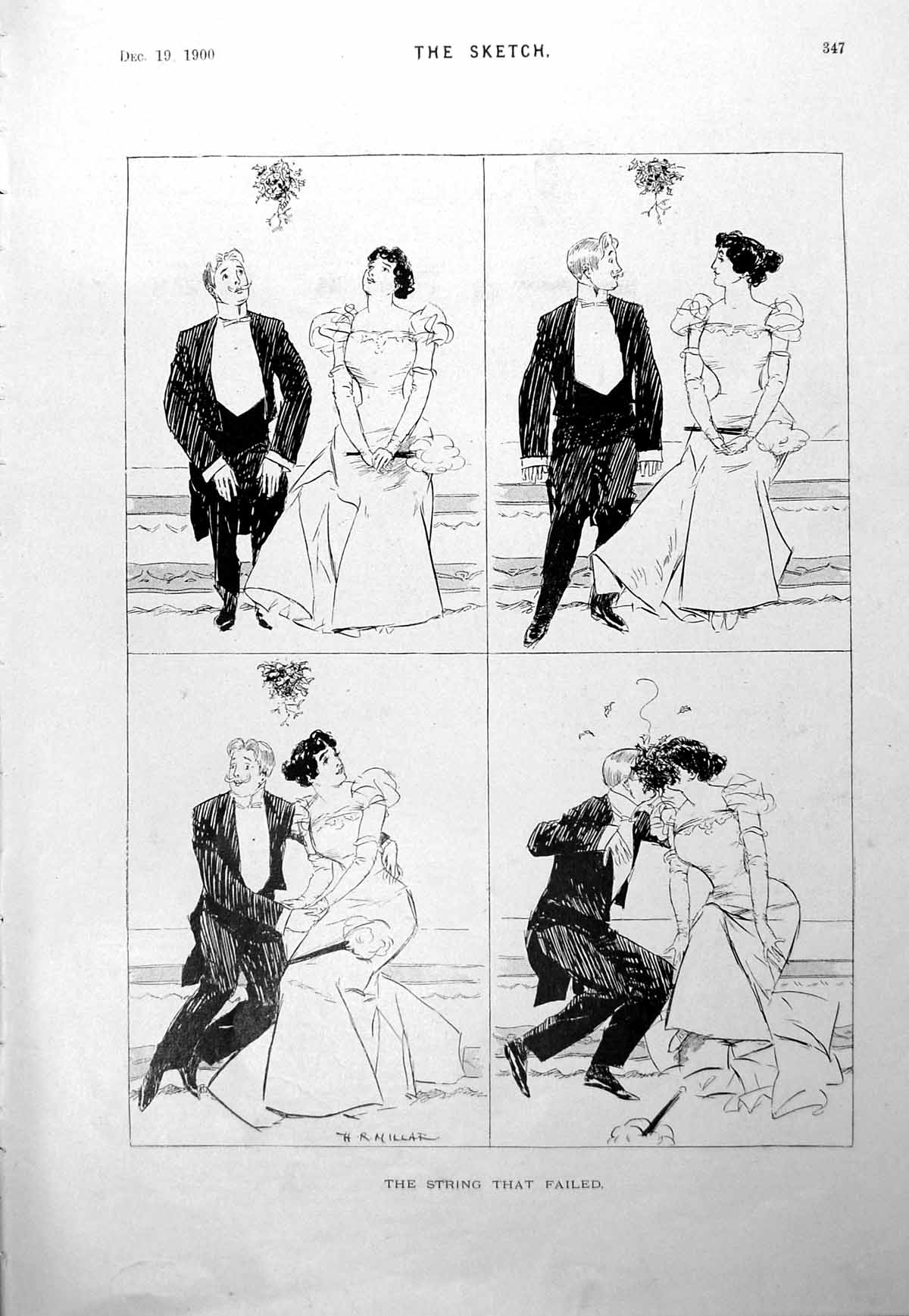 Antique Print Hr Millar String That Failed Mistletoe Interrupting Kiss 1900