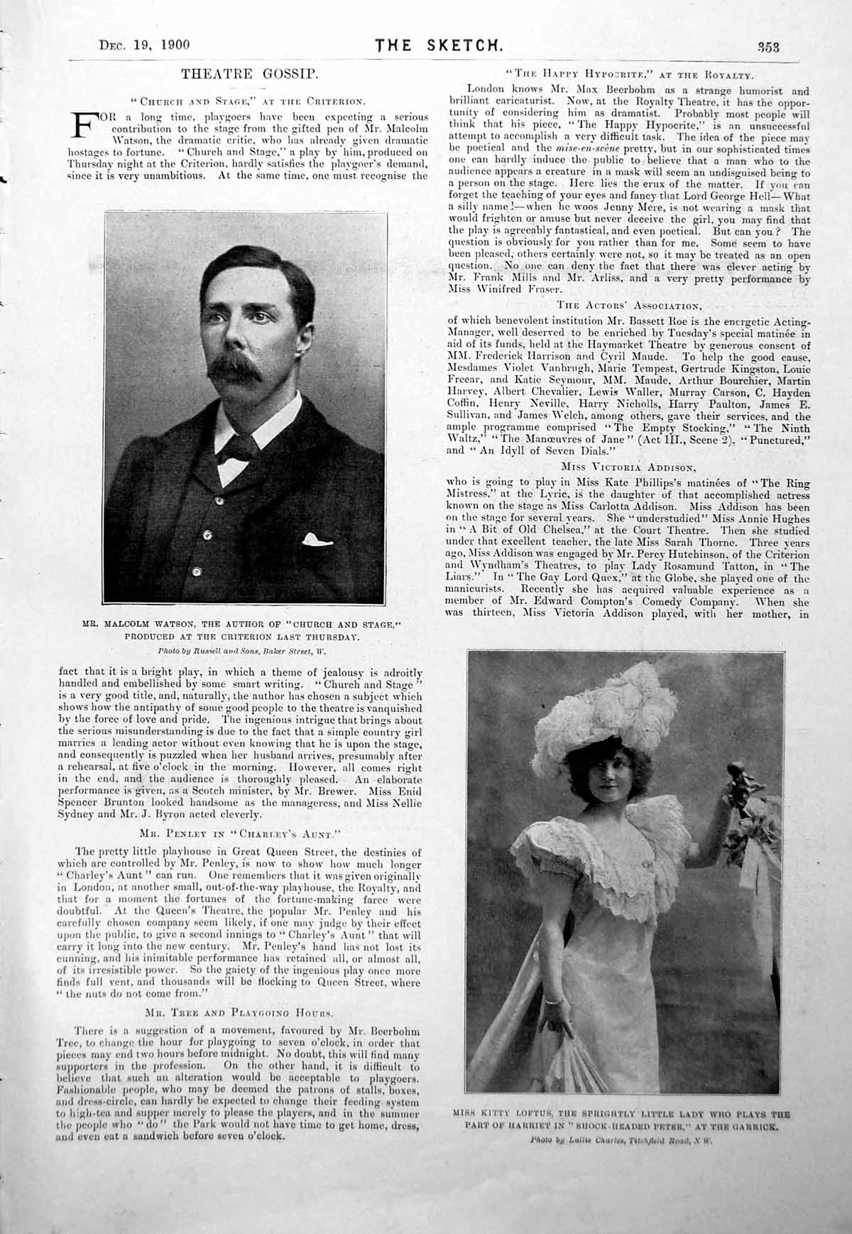 Antique Old Print Malcolm Watson Kitty Loftus Holmes Kingston Theatre 1900