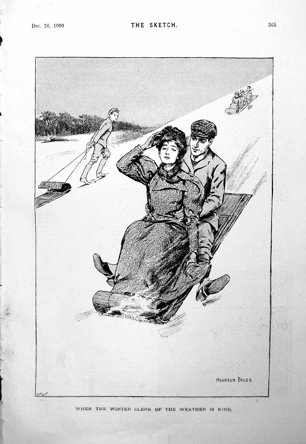 Antique Old Print Hounsom Byles Gent Lady Racing Downslope On Toboggan 1900