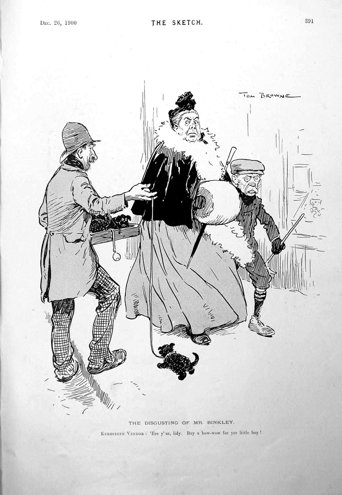 Antique Old Print Tom Browne Woman Tiny Husband Man Clock Wheelbarrow 1900