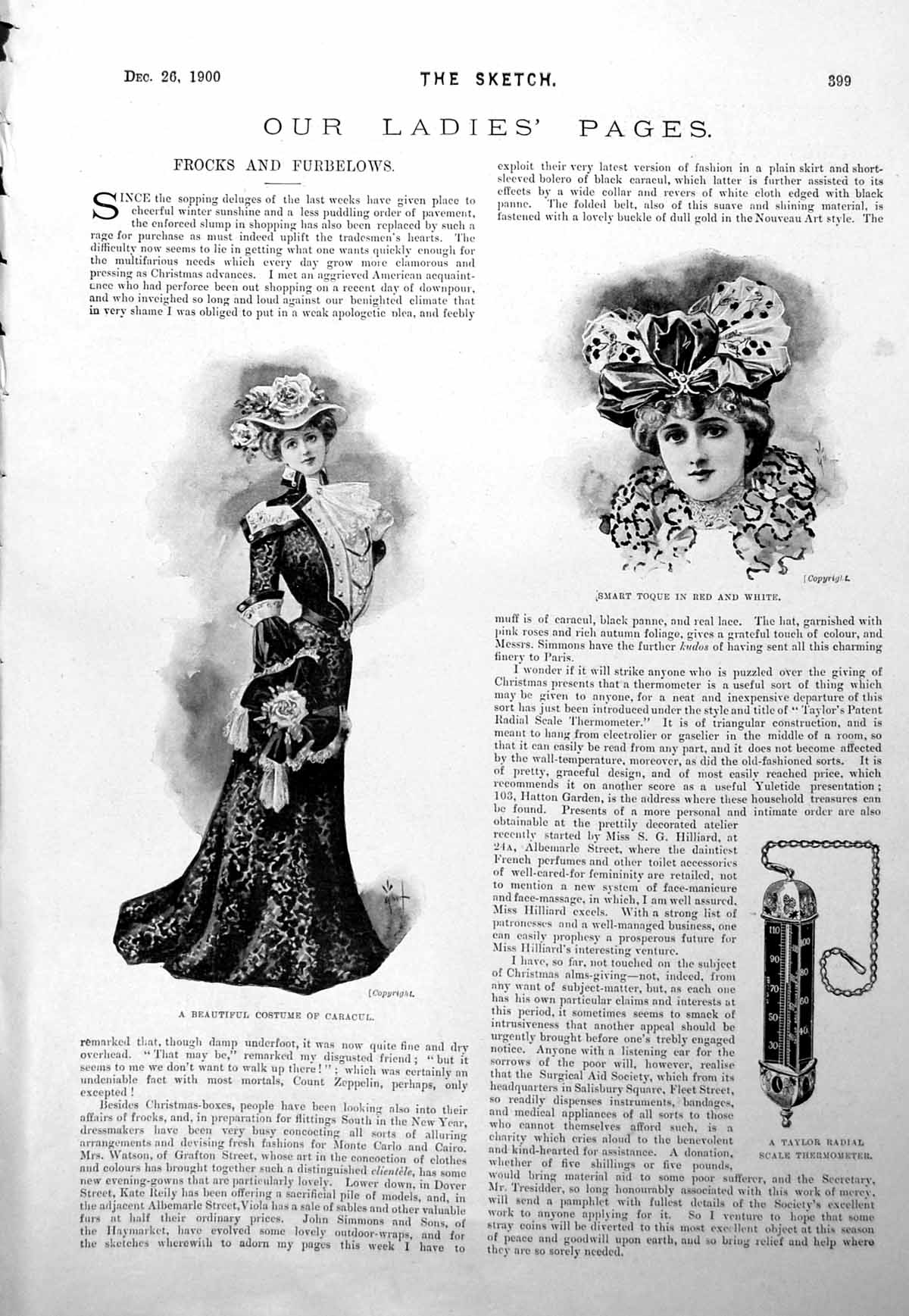 Antique Print Ladies Page Costume Caracul Toque Thermometer Diamonds 1900 20th