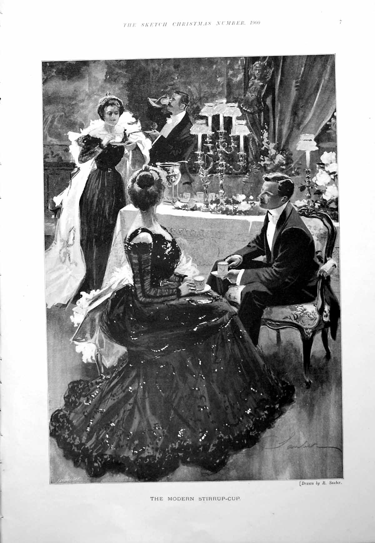Antique Print Modern Stirrup Cup Ladies Gentlemen Sipping Cups Saucers 1900