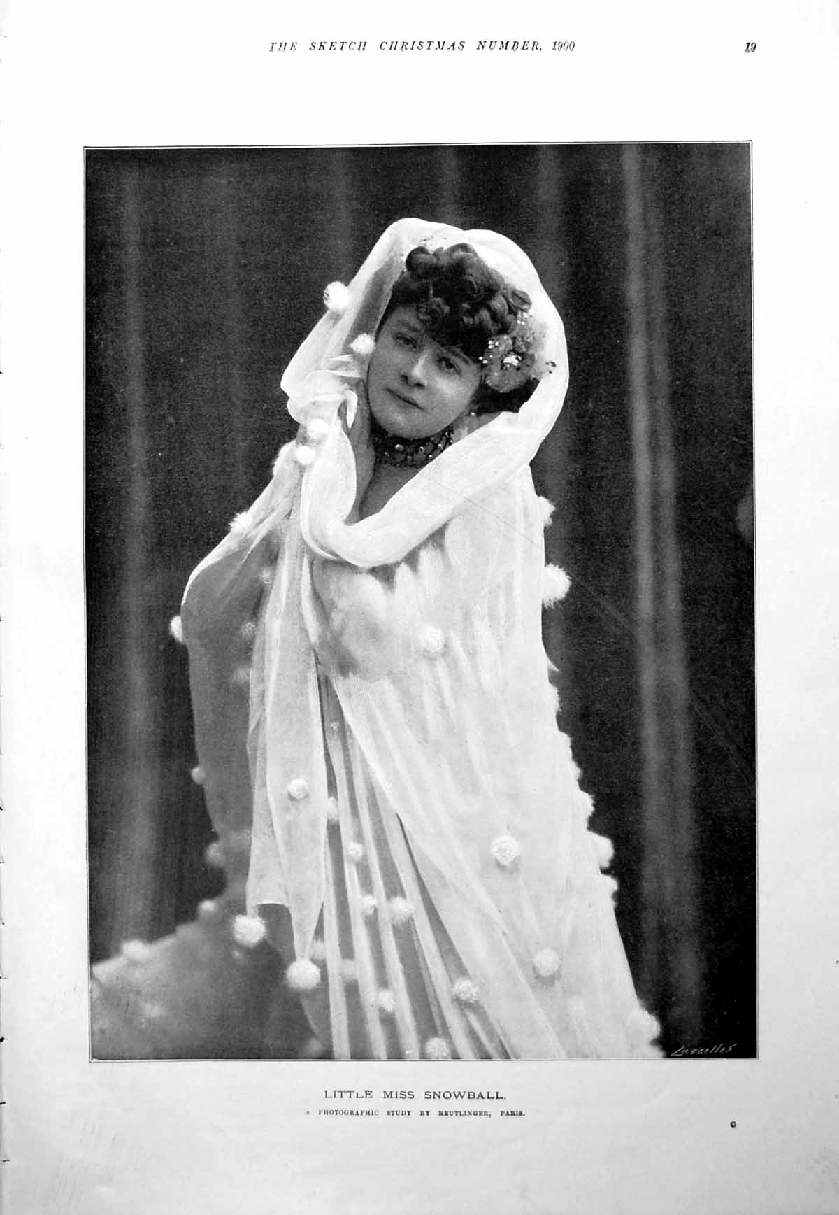 Antique Old Print Little Miss Snowball Pretty Lady Wrapped Cloak White 1900