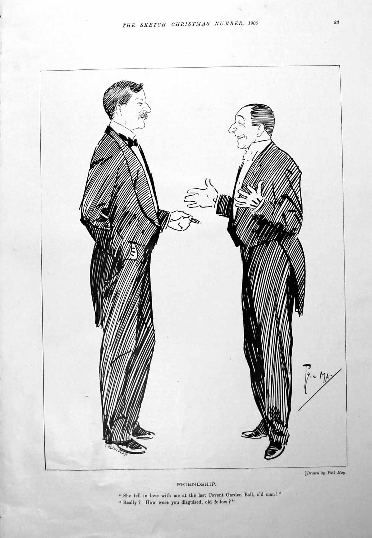 Original Old Antique Print Phil May Two Gentlemen Discussing Love Conquest 1900