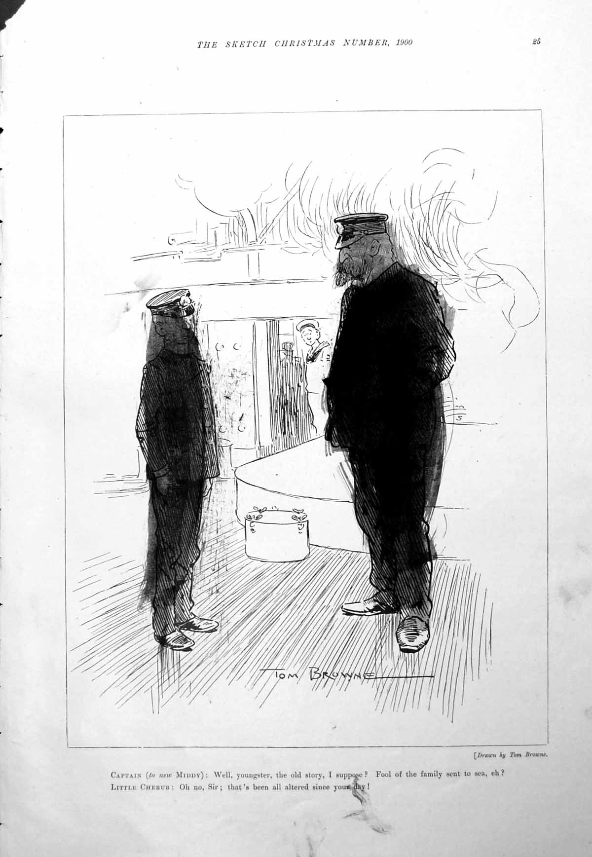 Old Print Damaged Captain Talking New Middy Fool Sent Sea Tom Browne 1900 20th