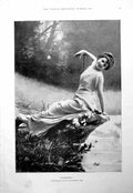 Antique Print Narcissa Beautiful Woman Reclining Water'S Edge Flowers 1900 20th