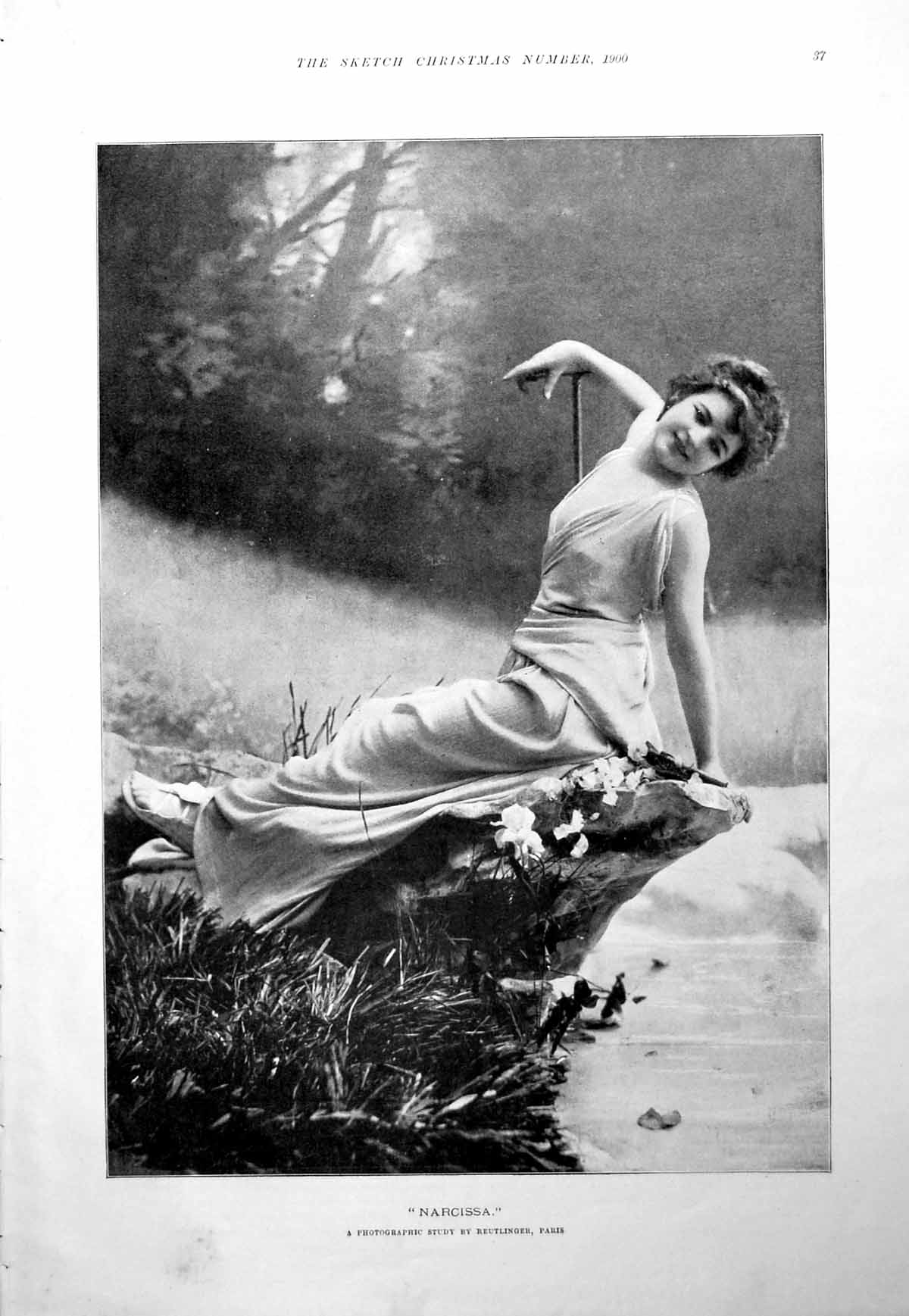 Antique Print Narcissa Beautiful Woman Reclining Water'S Edge Flowers 1900 20th