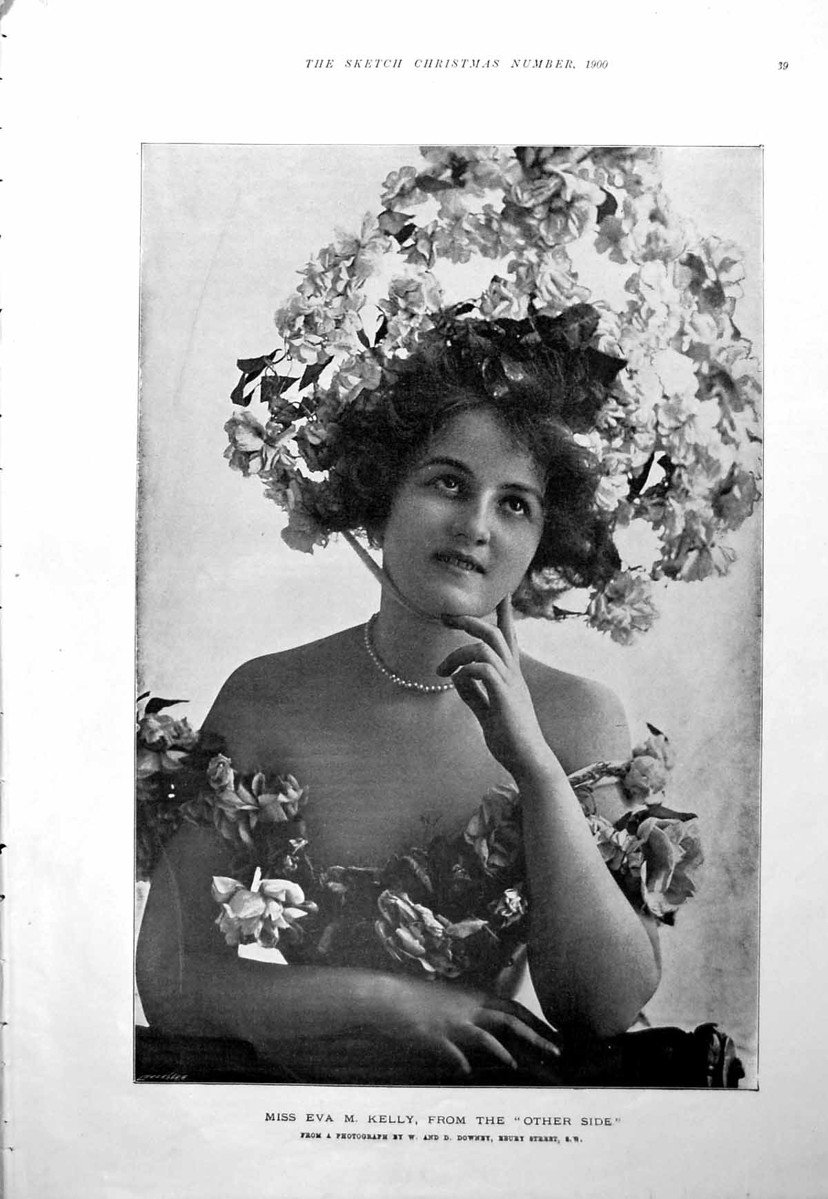 Antique Old Print Miss Eva M Kelly The Other Side Beautiful Lady Flowers 1900