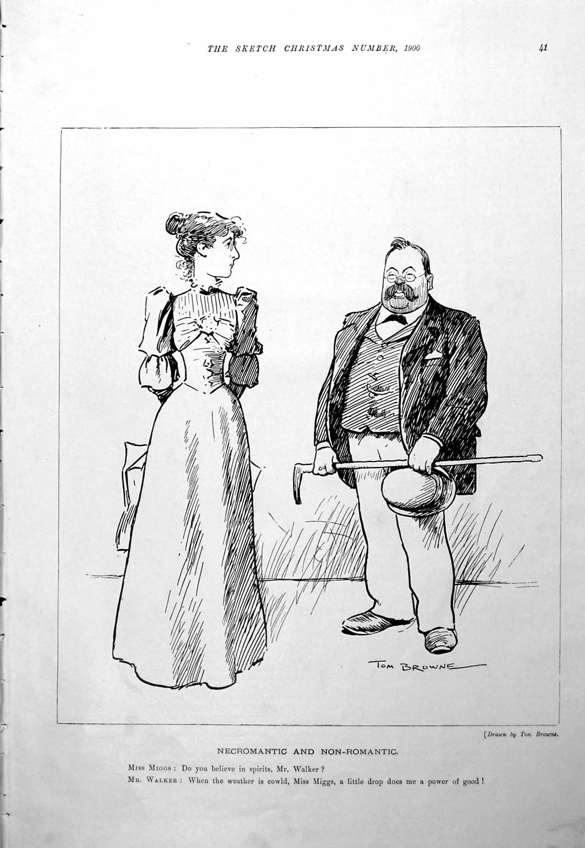 Old Print Necromantic Non-Romantic Man Woman Talk Spirits Tom Browne 1900 20th