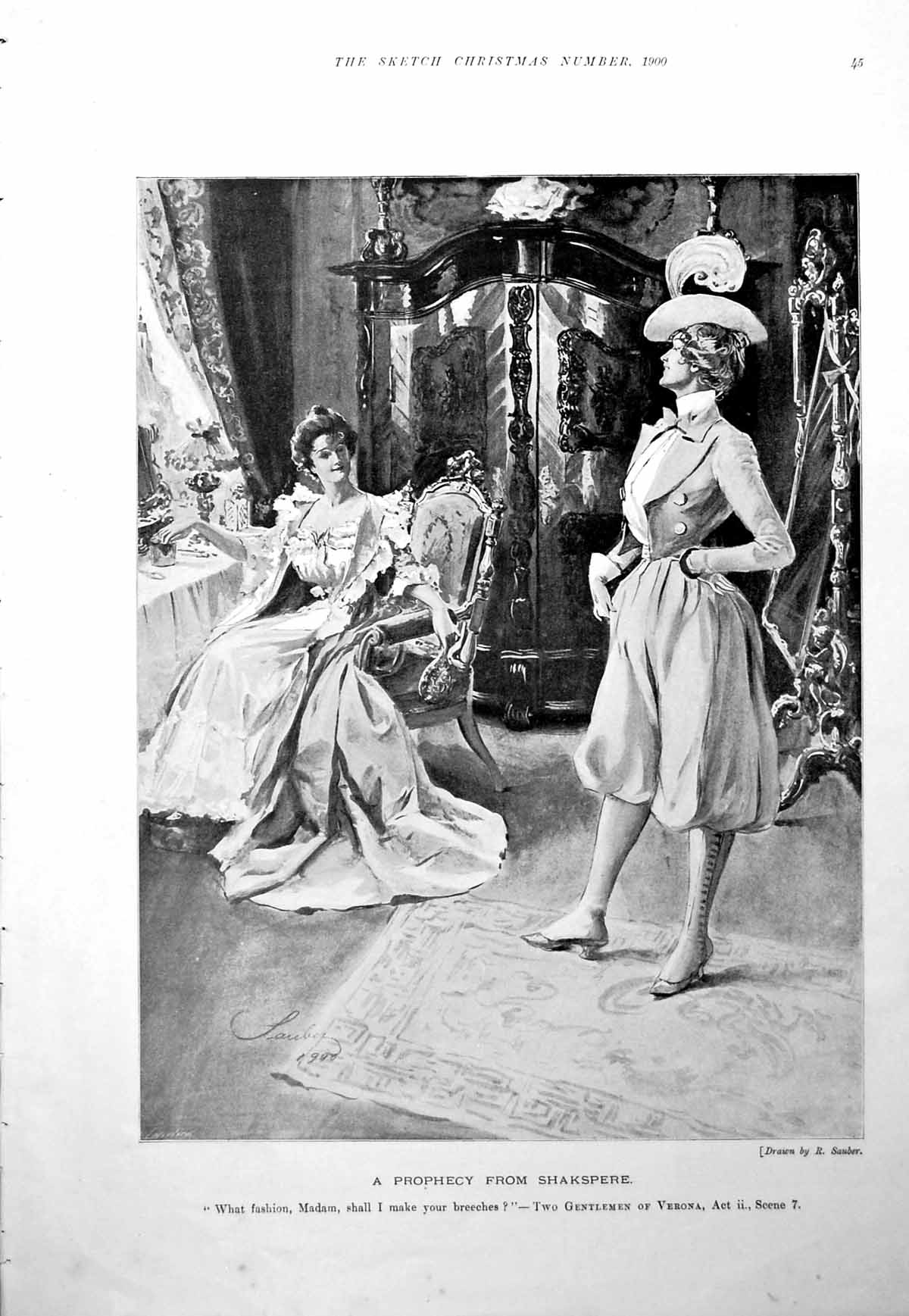Antique Old Print R Sauber Shakespeare Quote Lady Breeches Talking Dress 1900