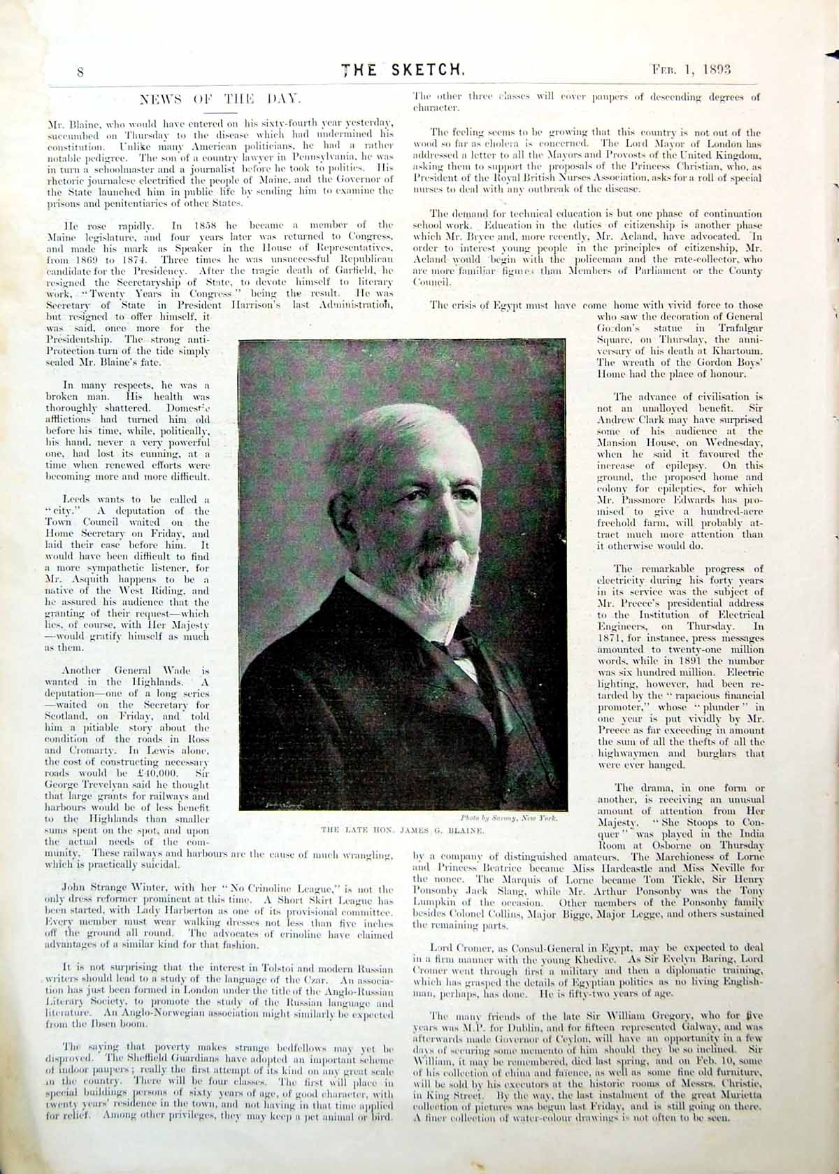 Old Antique Print Late Honourable James G Blaine Photograph Portrait 1893 19th