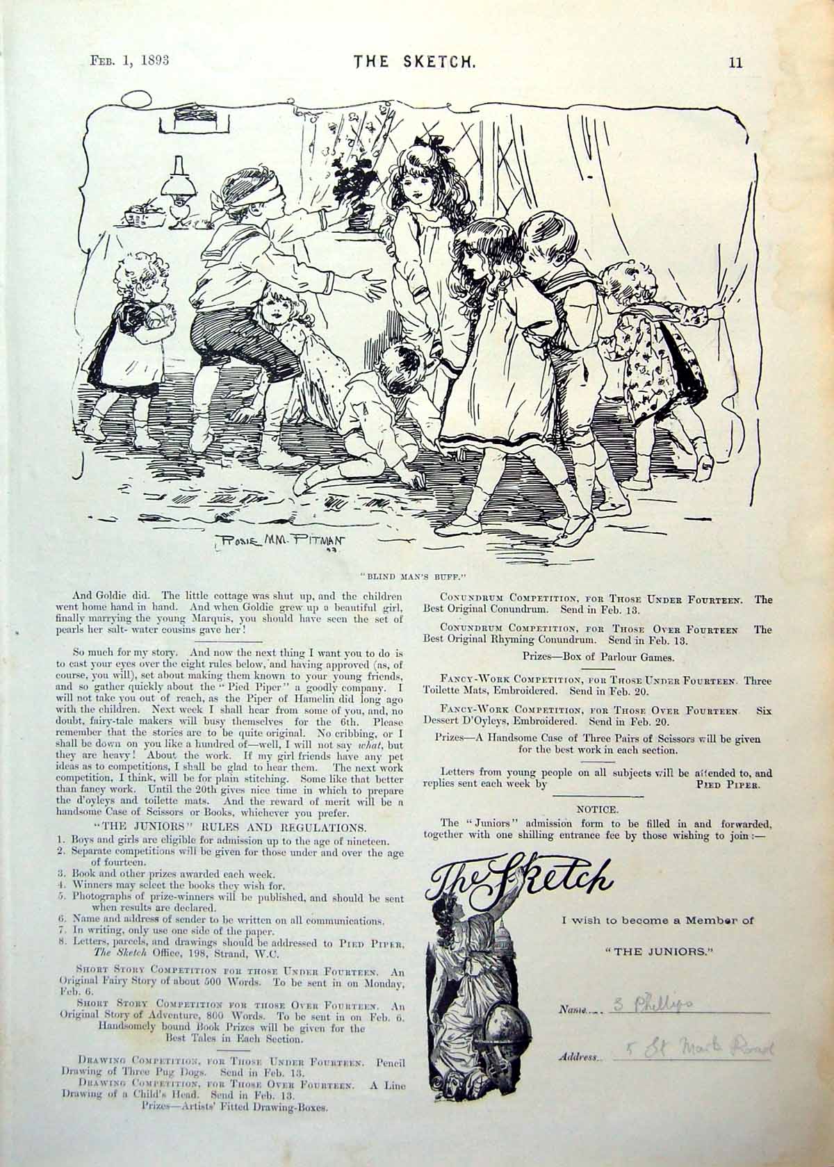 Antique Old Print Children Blind Man'S Buff Stoddart Football Sculling 1893 0