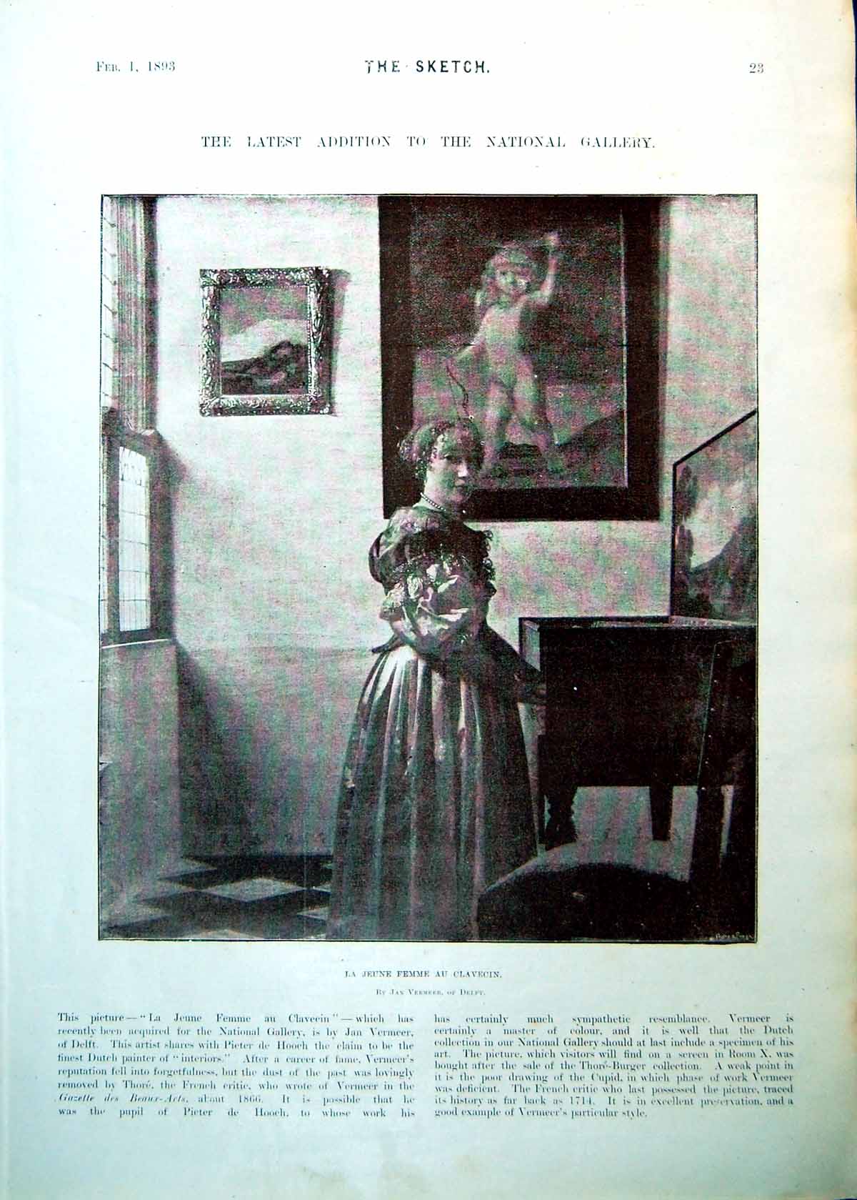 Old Print Jan Vermeer La Jeune Femme Au Clavecin Mensur Heidelburg 1893 0 19th