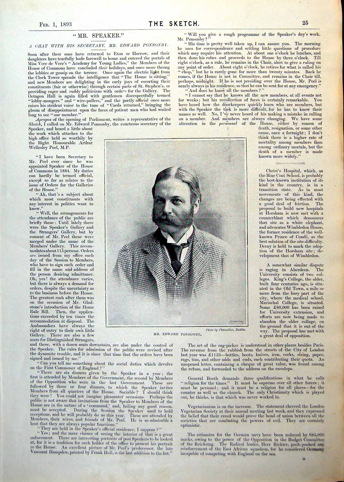 Antique Old Print Mr Edward Ponsonby Secretary To Speaker House Commons 1893
