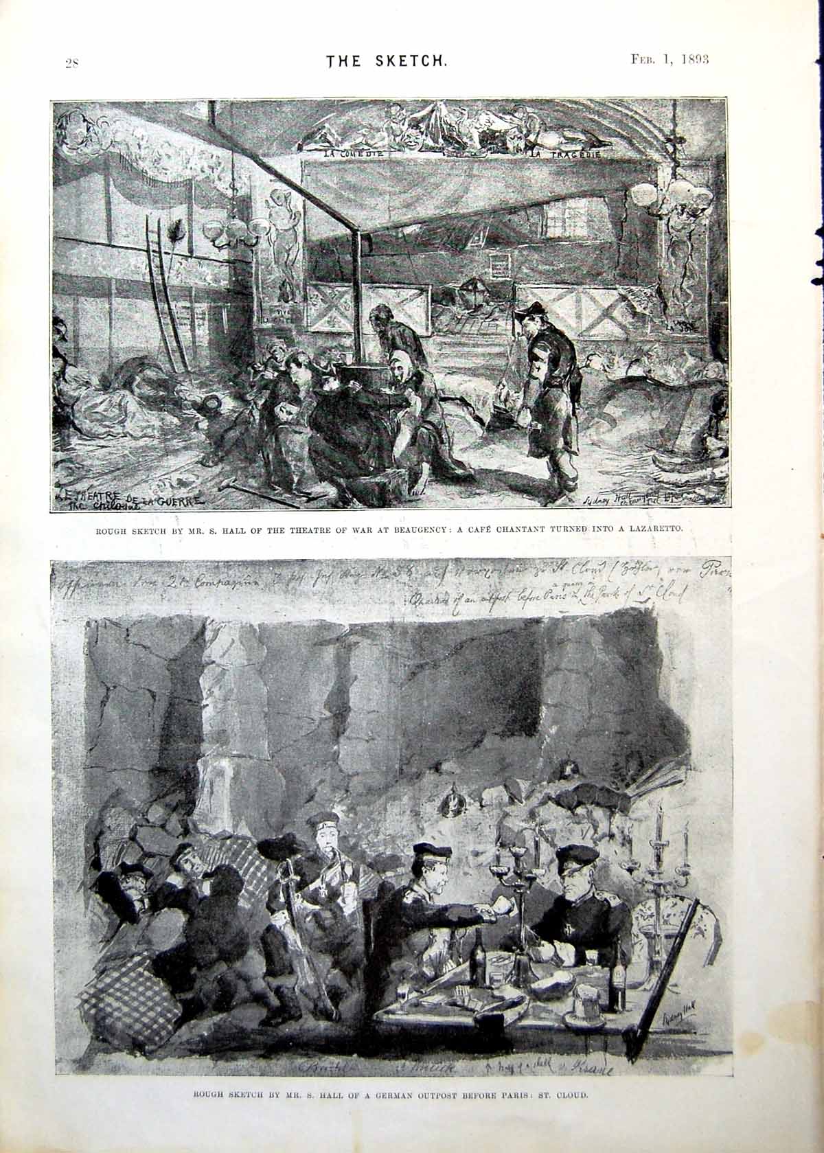 Antique Old Print Rough Sketches Mr S Hall War Beaugency Portrait Jove 1893 0