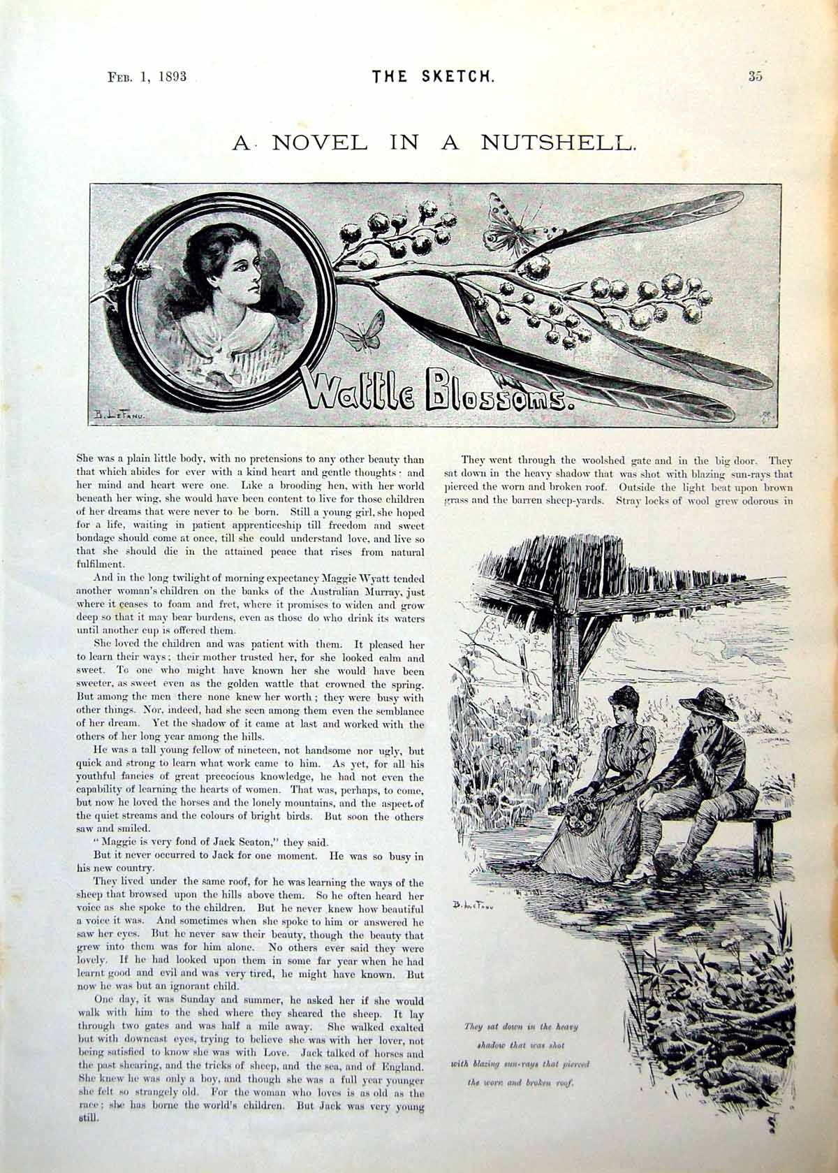 Antique Old Print Novel Illustrations Under Shade Man Woman Mourning 1893 0 19th