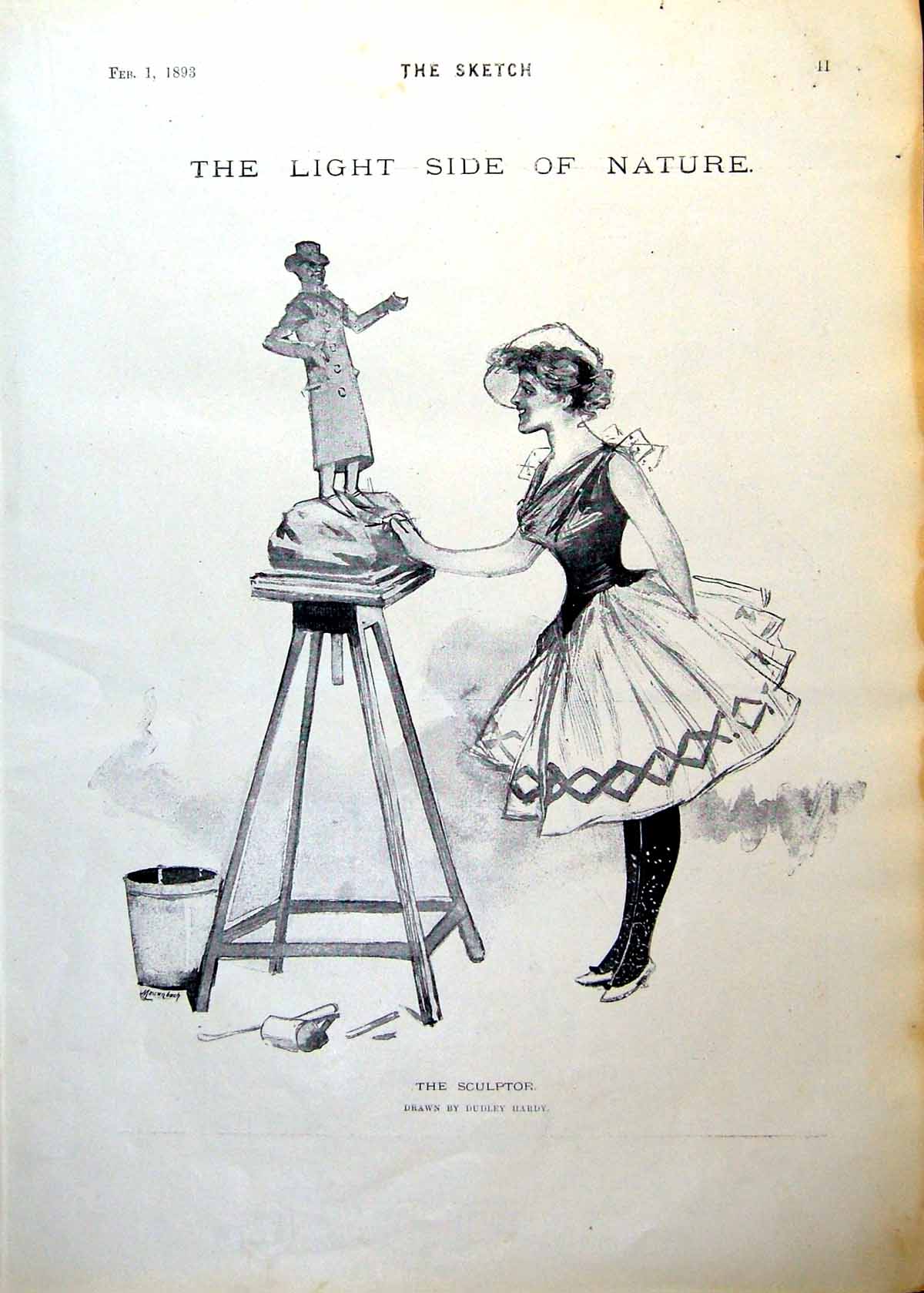 Old Antique Print Sculptor Lady Drawn Dudley Hardy Coming Crinoline 1893 0 19th