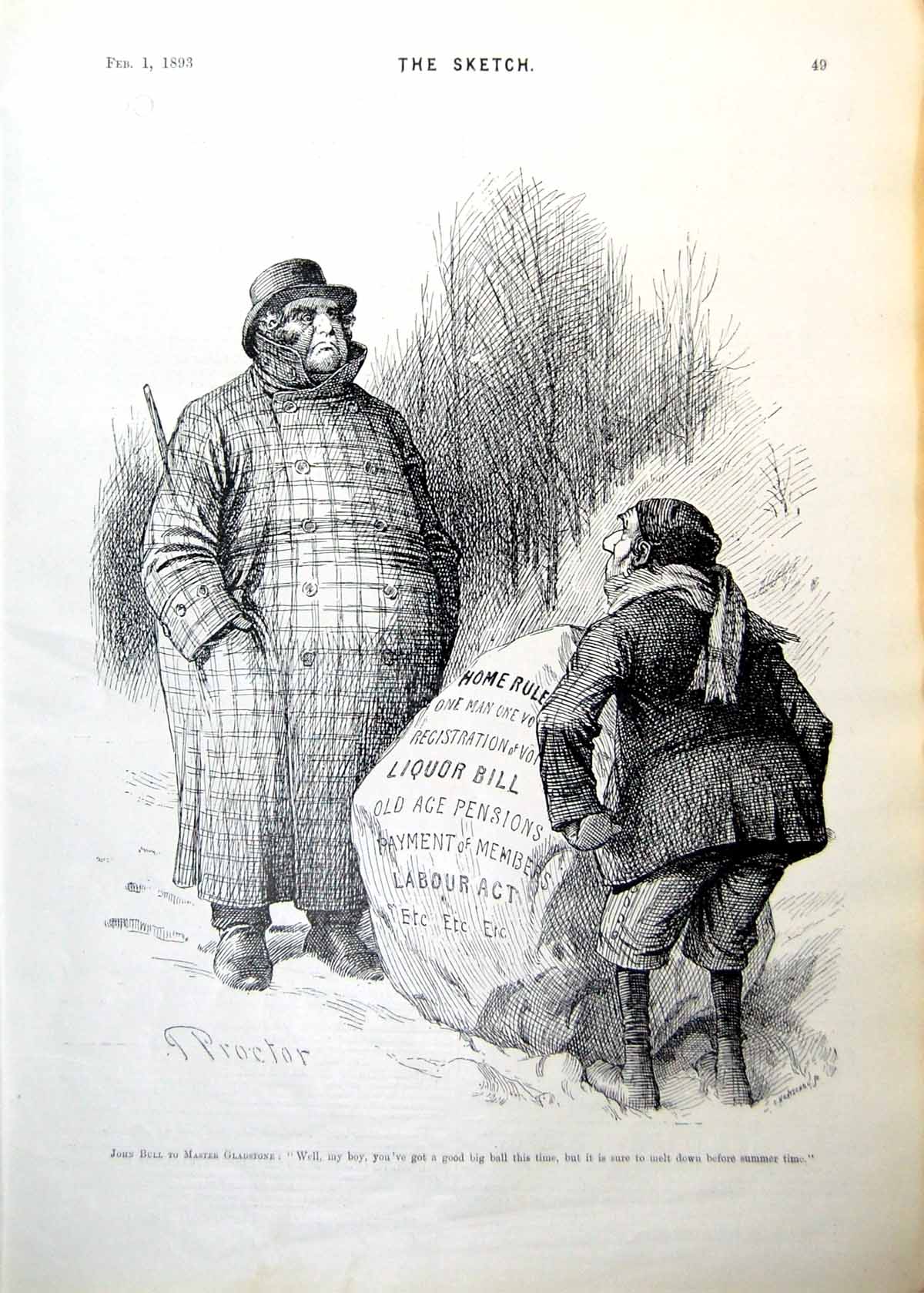 Antique Old Print John Bull Master Gladstone Snowball Home Rule Liquor 1893
