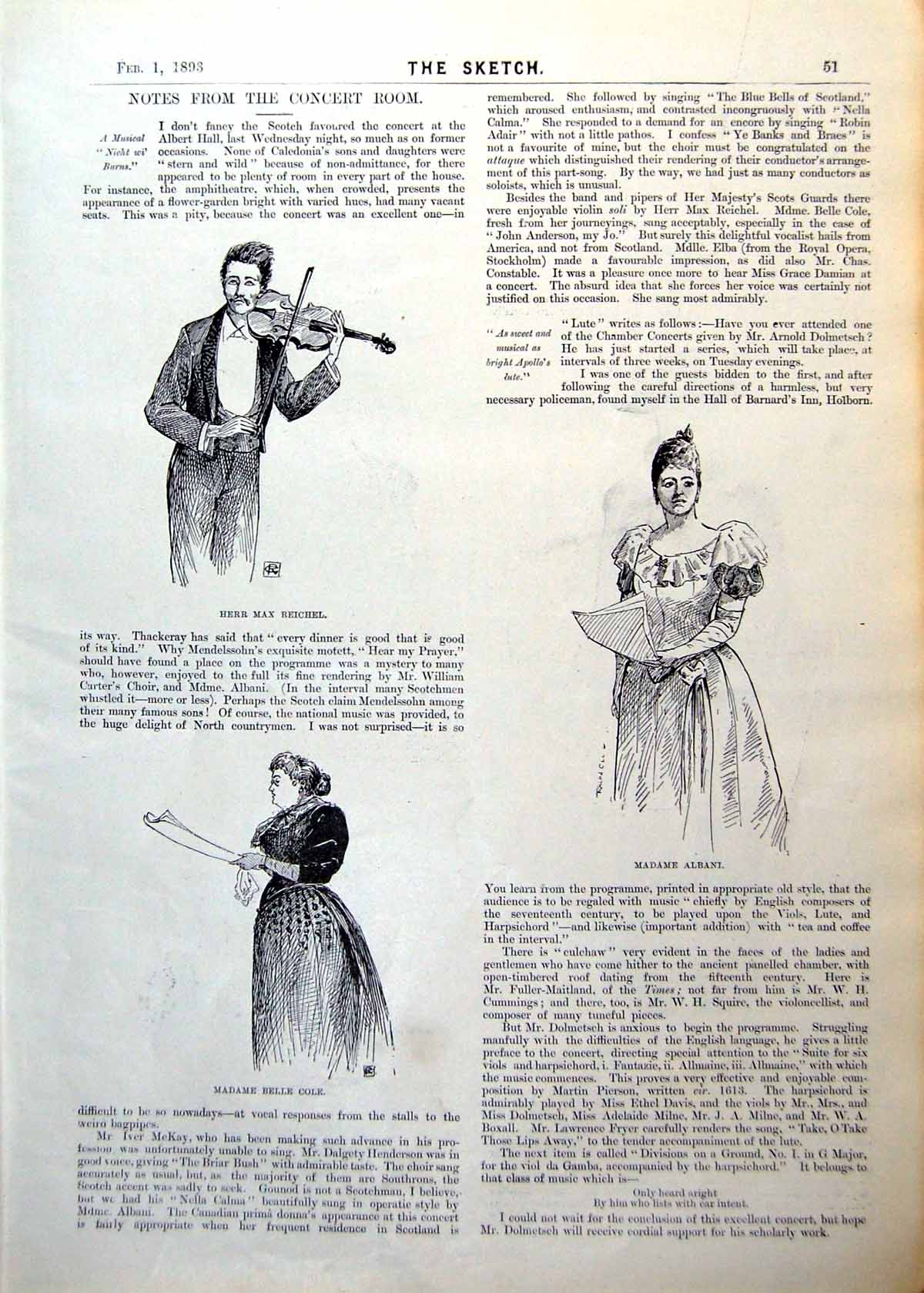 Antique Print Concert Room Sketches Violinist Singers Ladies Fashions 1893 0