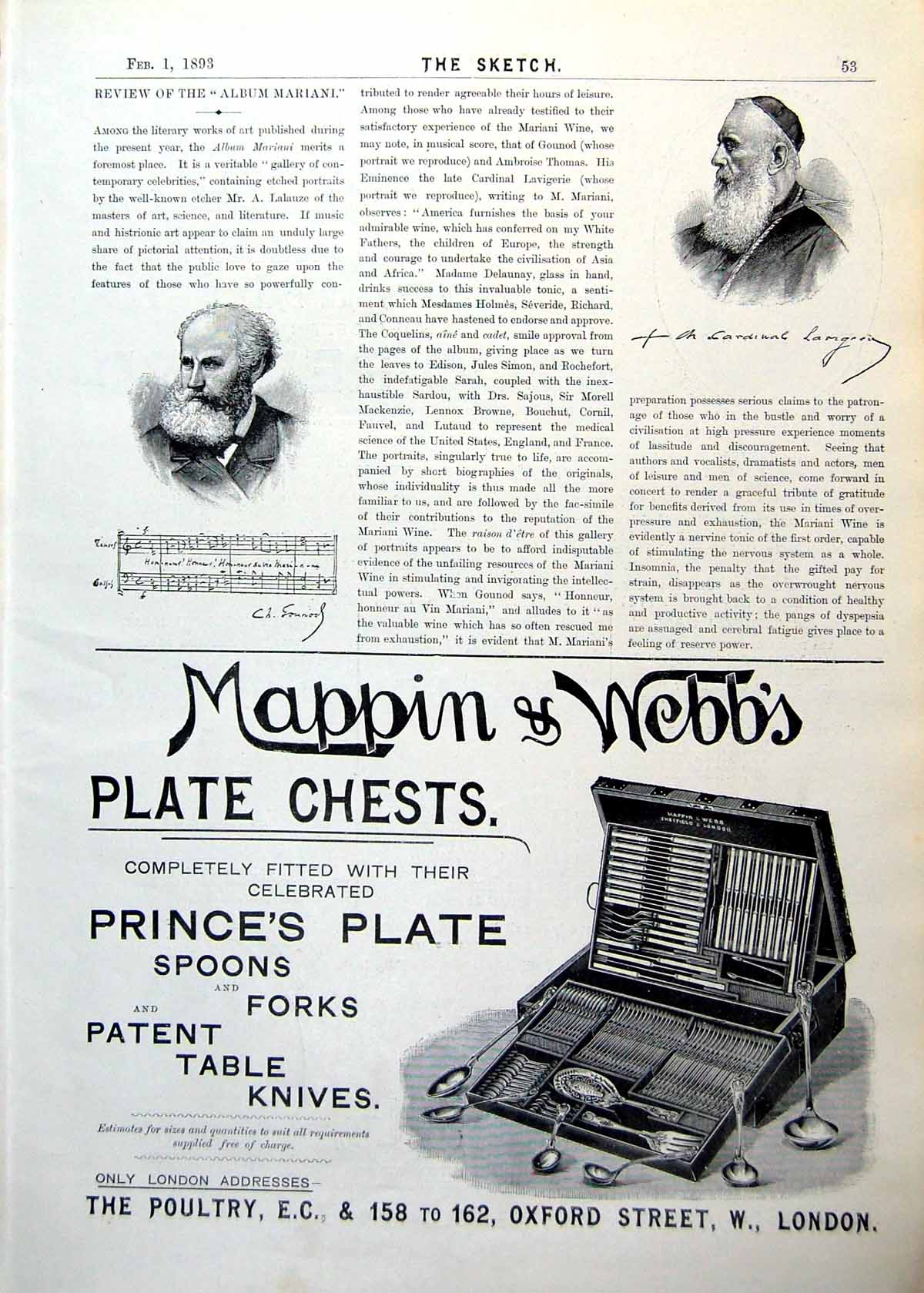 Antique Old Print Cardinal Lavigerie Gounod Mappin And Webb Plate Chest 1893